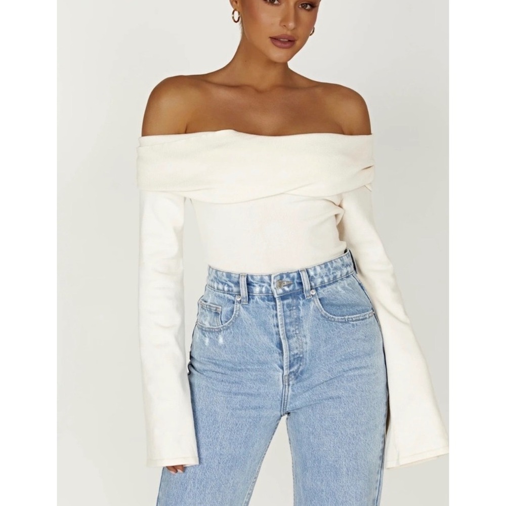 ‼️SALE‼️ MESHKI Marlisa Off Shoulder Twist Top Ivory Ribbed Knit Open Back Sz
S